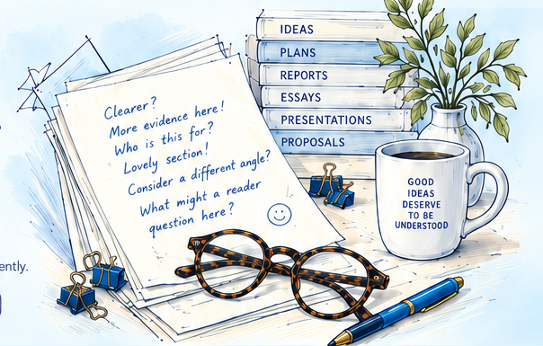 Illustrated papers, glasses, books and a pen representing an independent review.